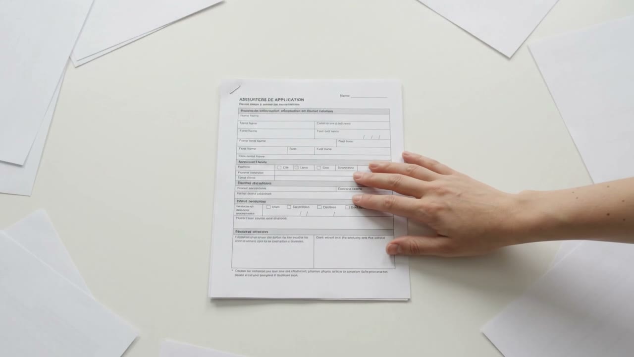 A hand pressing flat a printed program application form on a table.